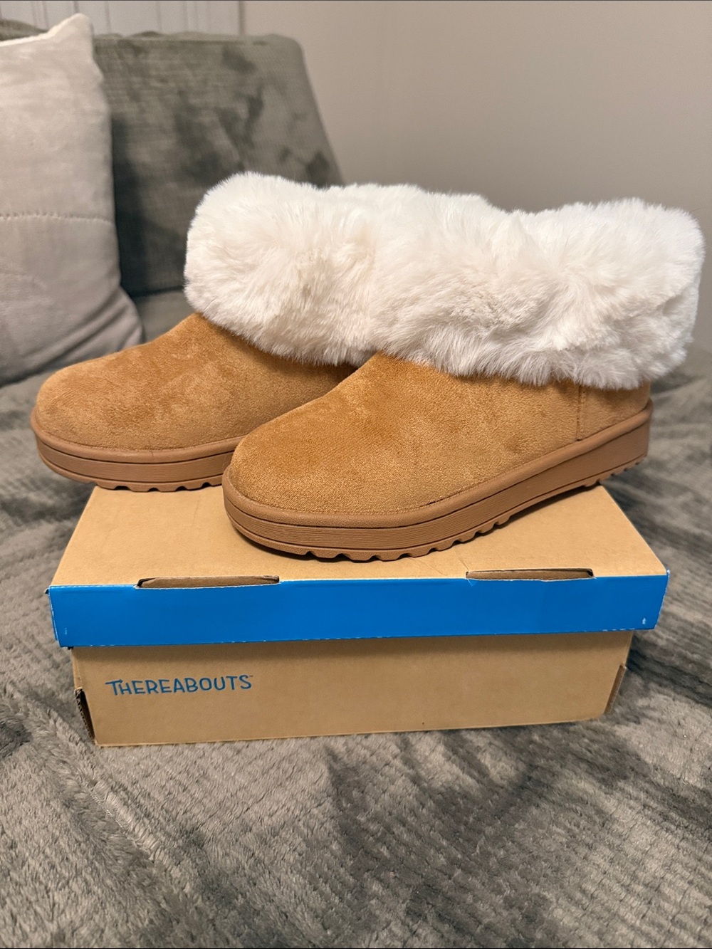 Thereabouts Kids' Tan Suede Faux Fur Cuff Slip-On Boots